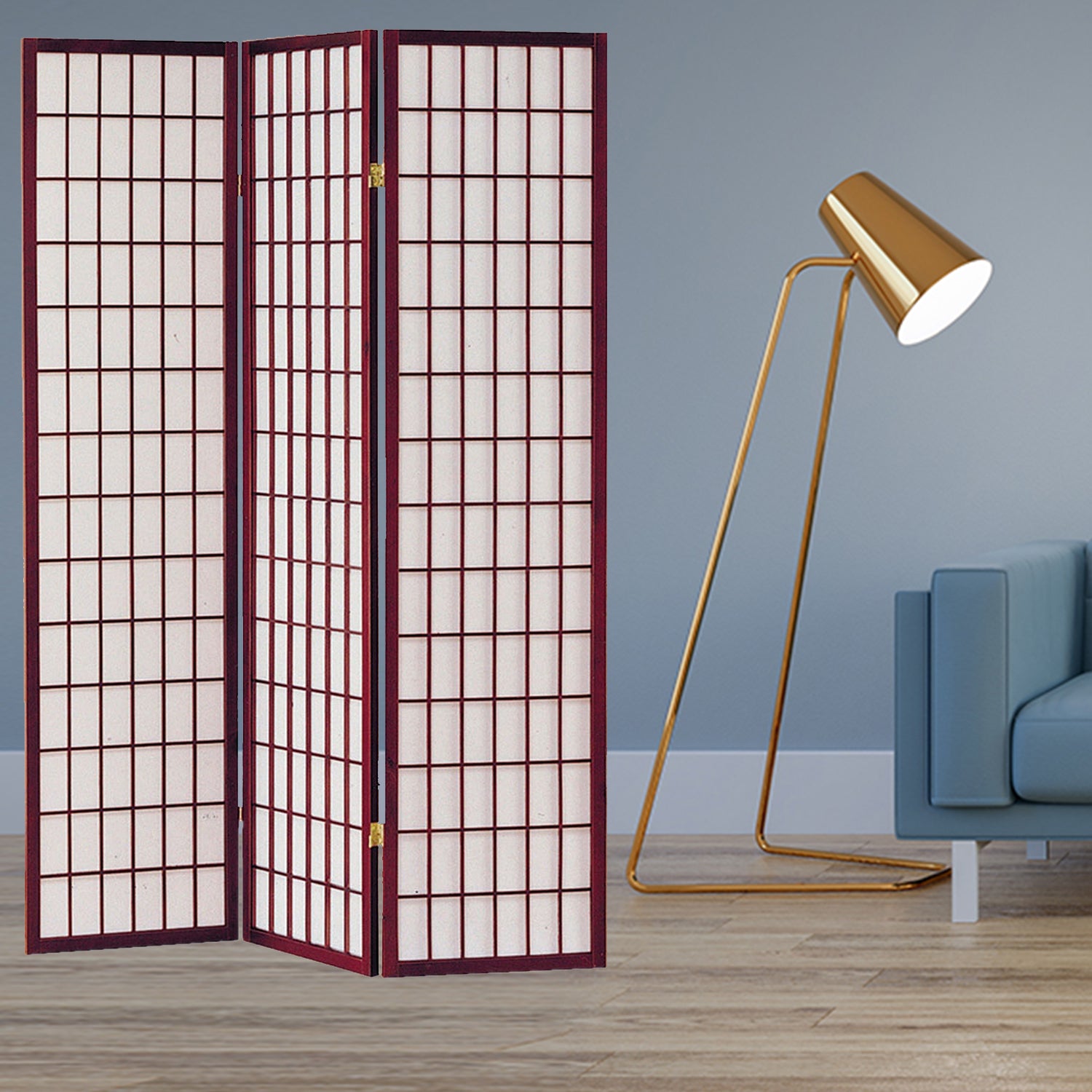 68" x 1" x 70" Cherry Brown Shoji And Wood  4 Panel Screen