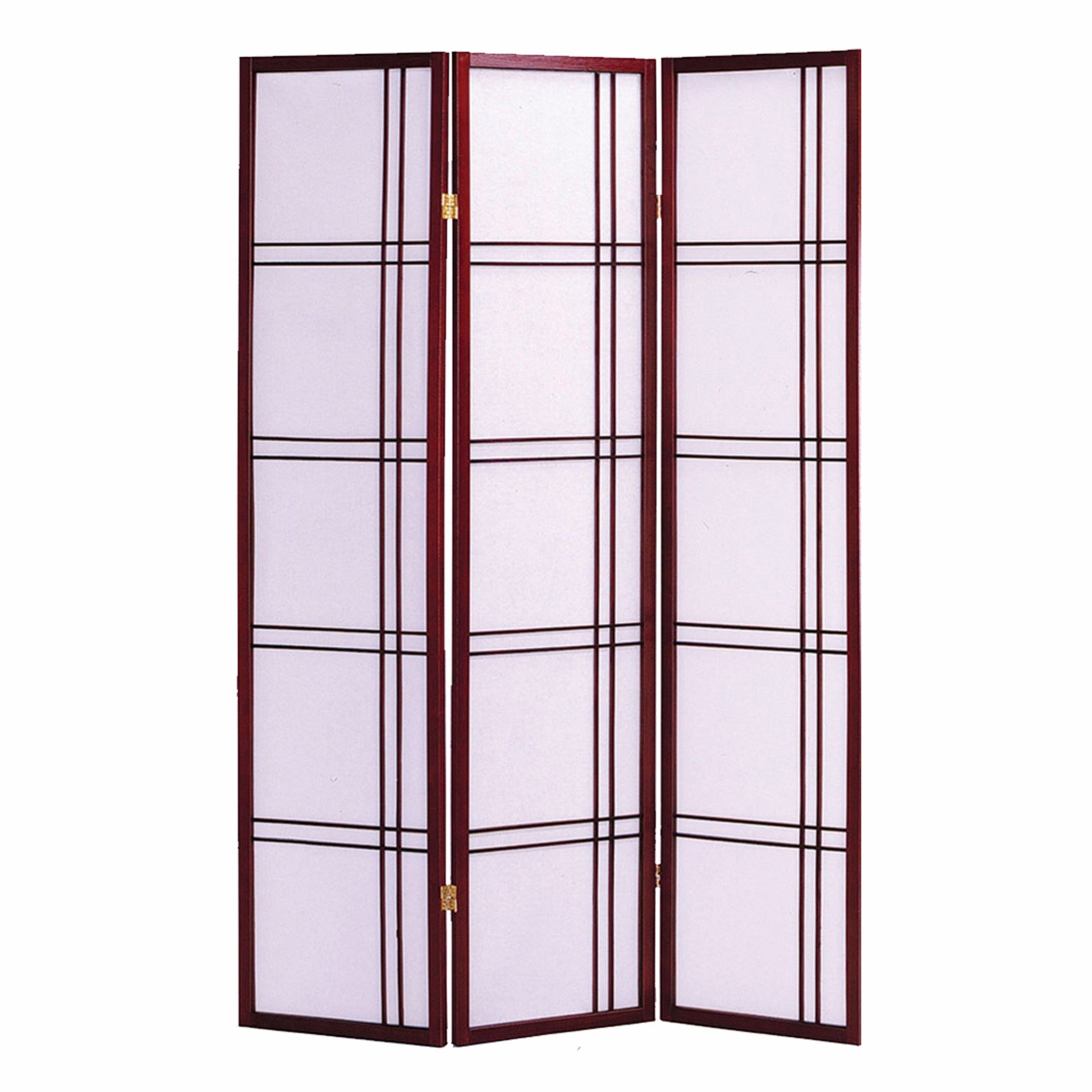 51" x 1" x 70" Traditional Cherry Brown Shoji And Wood  3 Panel Screen