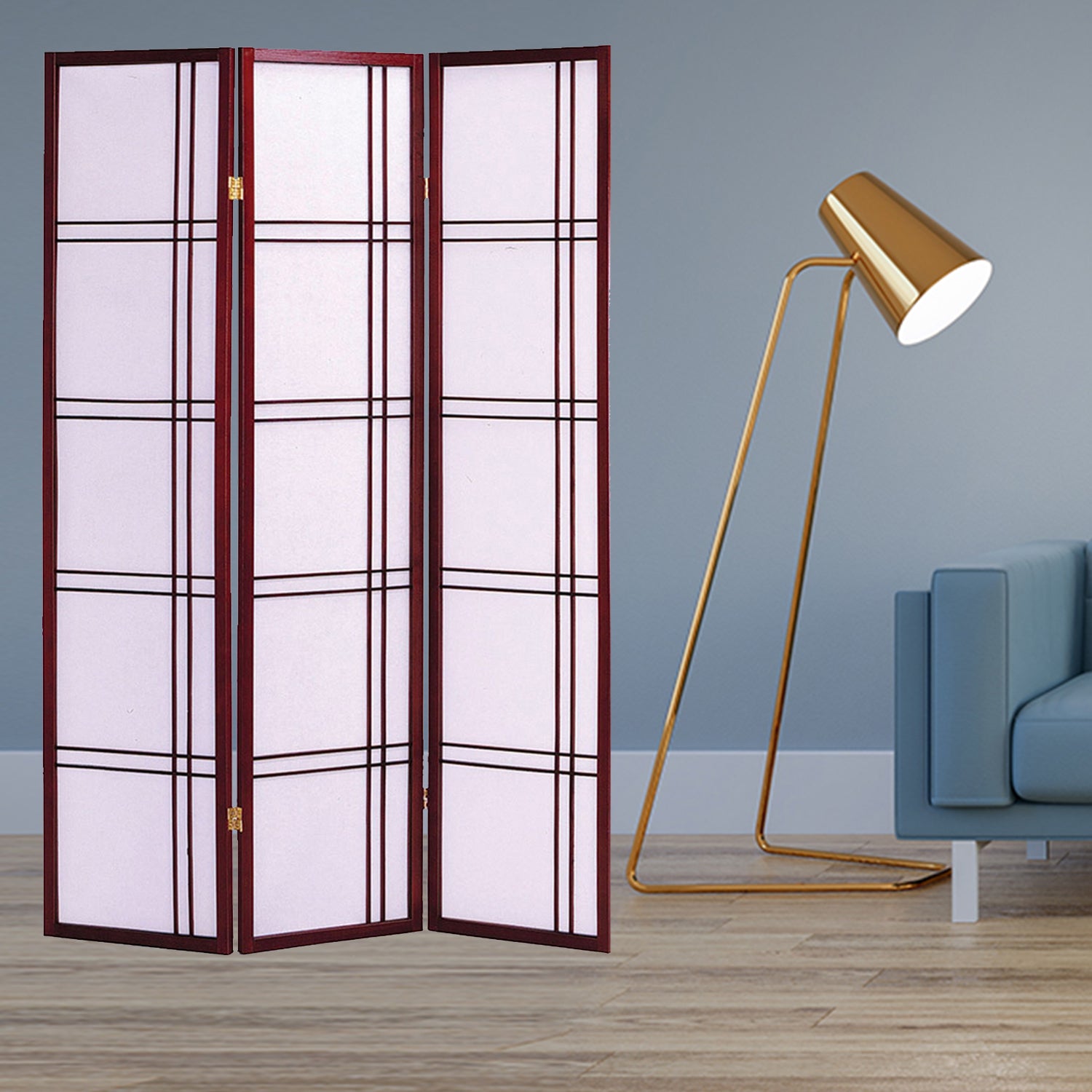 51" x 1" x 70" Traditional Cherry Brown Shoji And Wood  3 Panel Screen