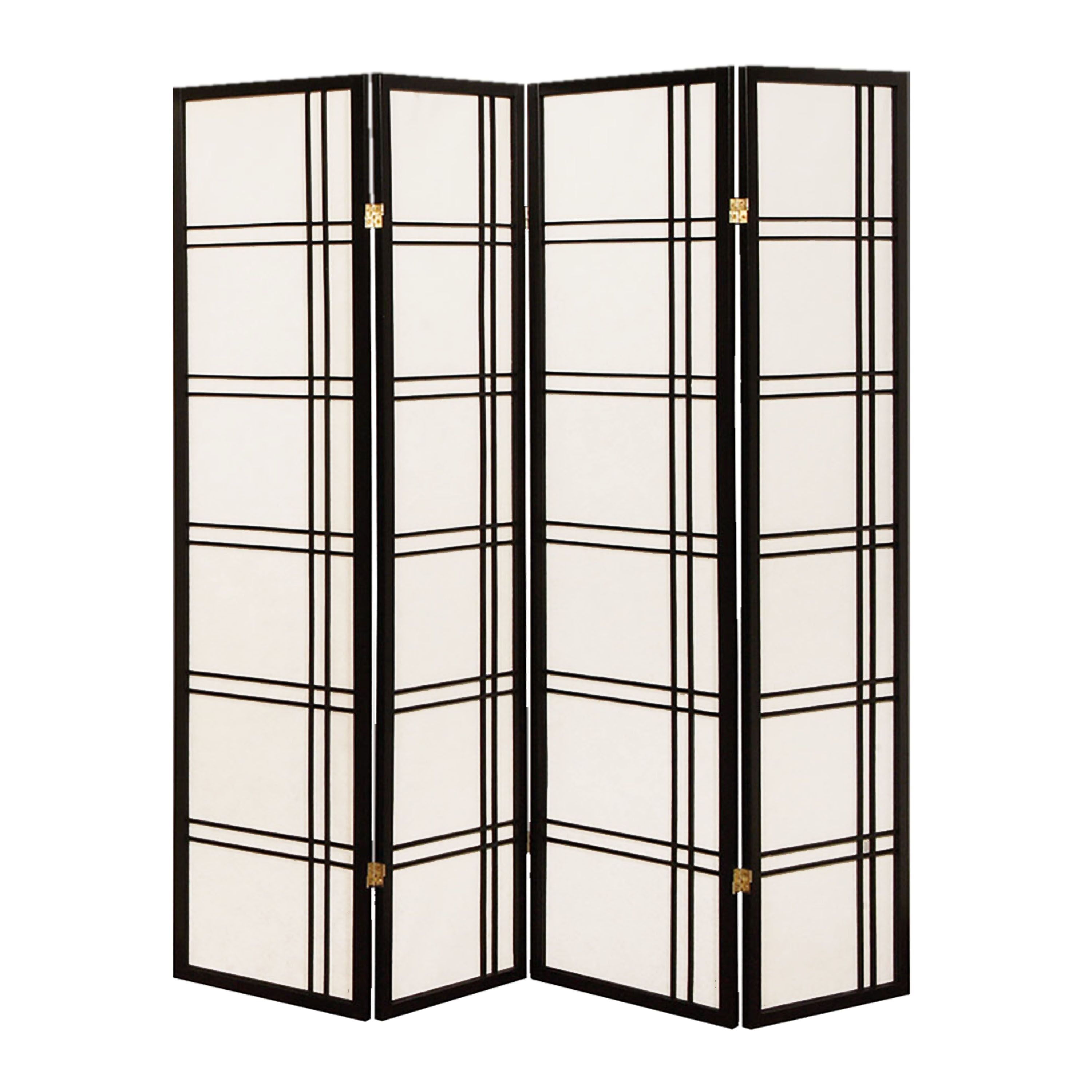 68" x 1" x 70" Traditional Black Shoji And Wood  4 Panel Screen