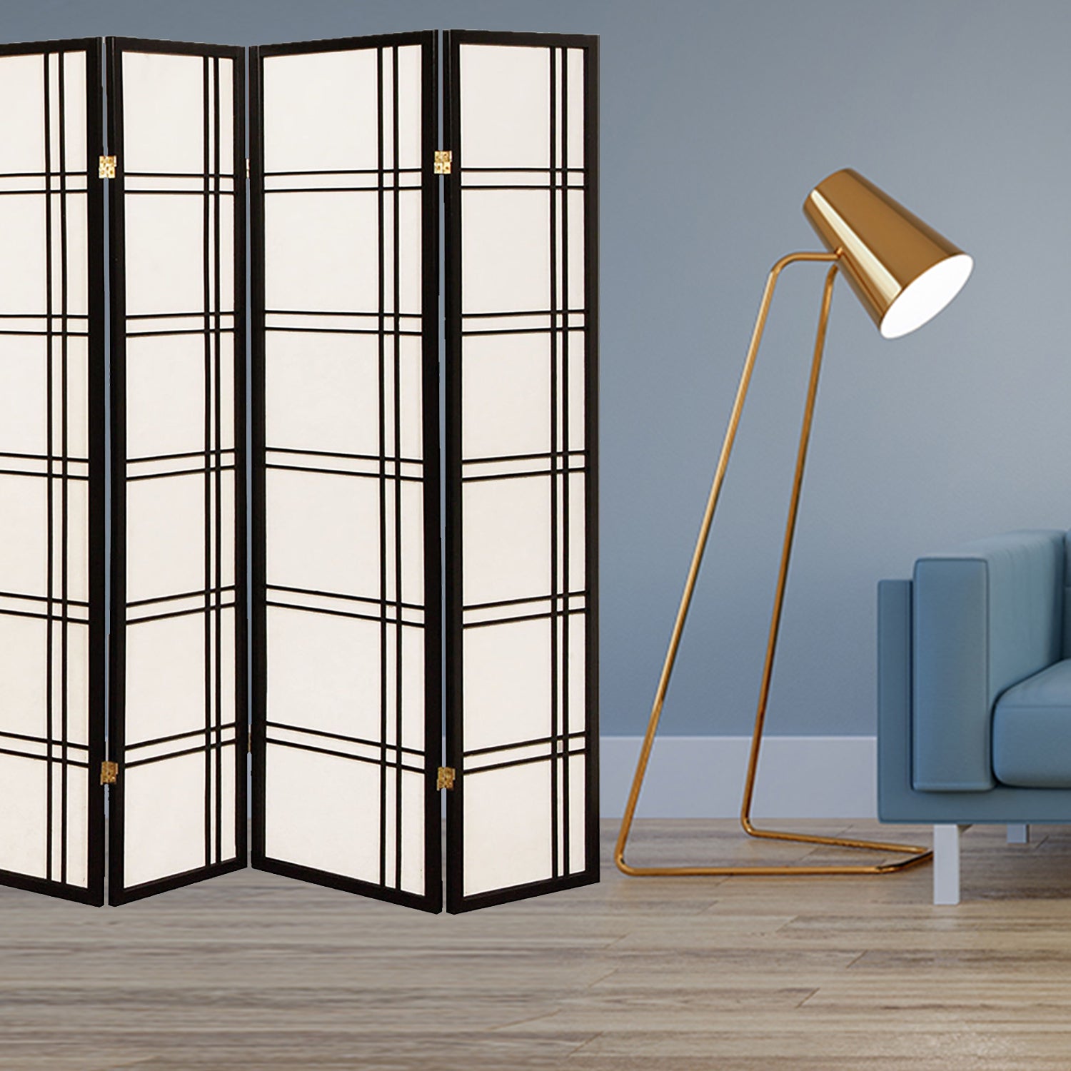 68" x 1" x 70" Traditional Black Shoji And Wood  4 Panel Screen