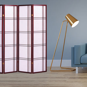 68" x 1" x 70" Traditional Cherry Brown Shoji And Wood  4 Panel Screen