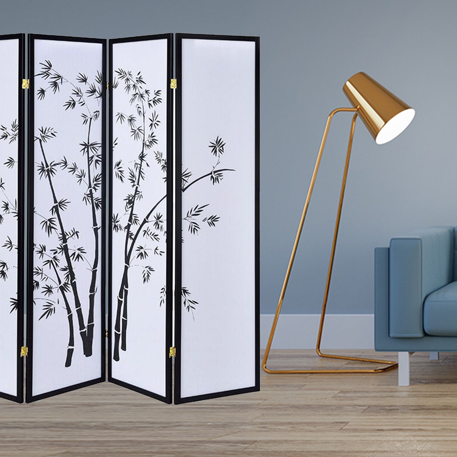 68" x 1" x 70" Black Bamboo Shoji  4 Panel Screen