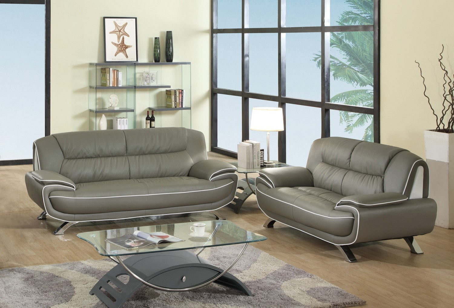 67'' X 35''  X 35'' Modern Gray Leather Sofa And Loveseat