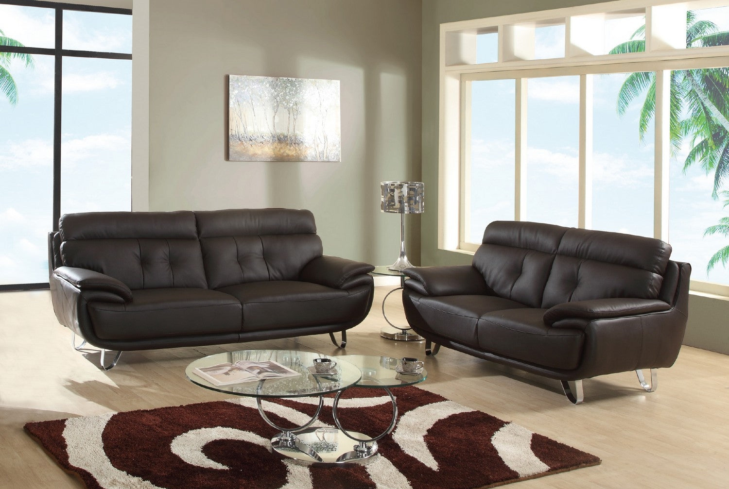 69 X 38  X 48 Modern Brown Leather Sofa And Loveseat