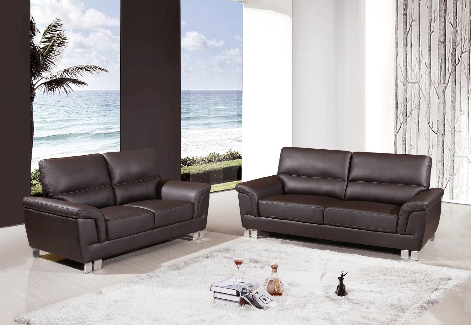 64'' X 36''  X 37'' Modern Brown Leather Sofa And Loveseat