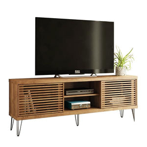 Modern TV Stand With Metal Legs And Light Wood-Slat Sliding Doors