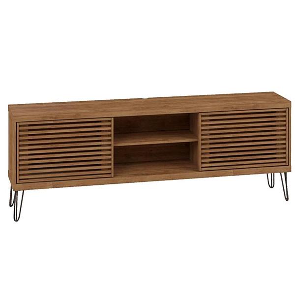 Modern TV Stand With Metal Legs And Light Wood-Slat Sliding Doors