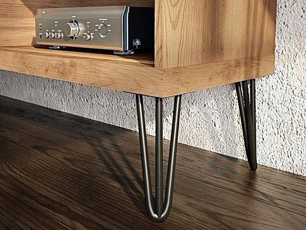 Modern TV Stand With Metal Legs And Light Wood-Slat Sliding Doors