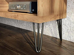 Modern TV Stand With Metal Legs And Light Wood-Slat Sliding Doors