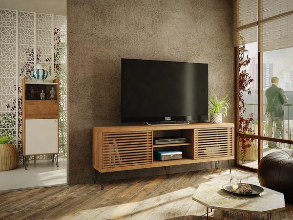 Modern TV Stand With Metal Legs And Light Wood-Slat Sliding Doors