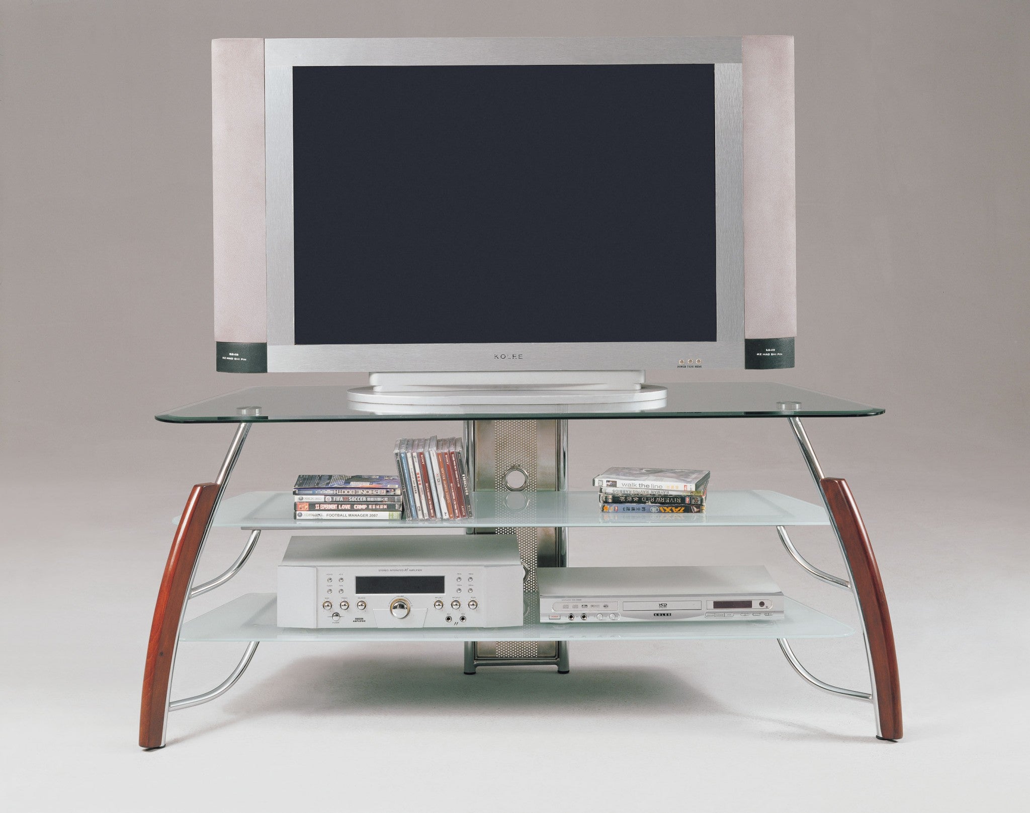 18" X 50" X 22" Metal Wood Compact TV Stand. Glass Top: 8mm Clear Glass with Beveled Edge