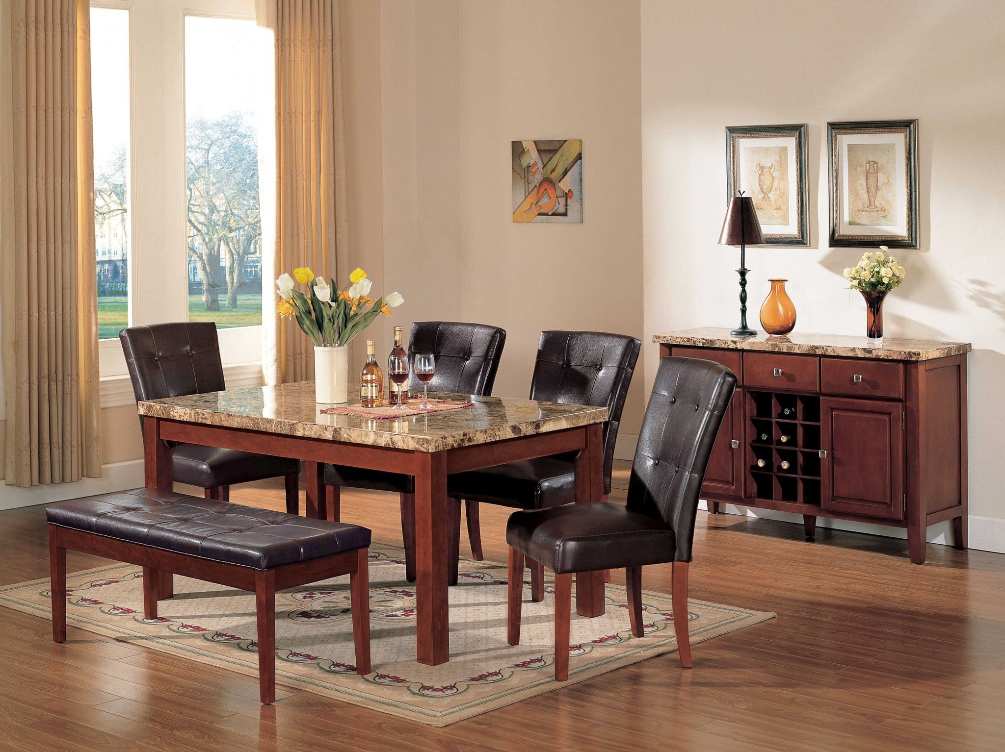 38" X 64" X 31" Brown Marble & Cherry Wood Dining Table