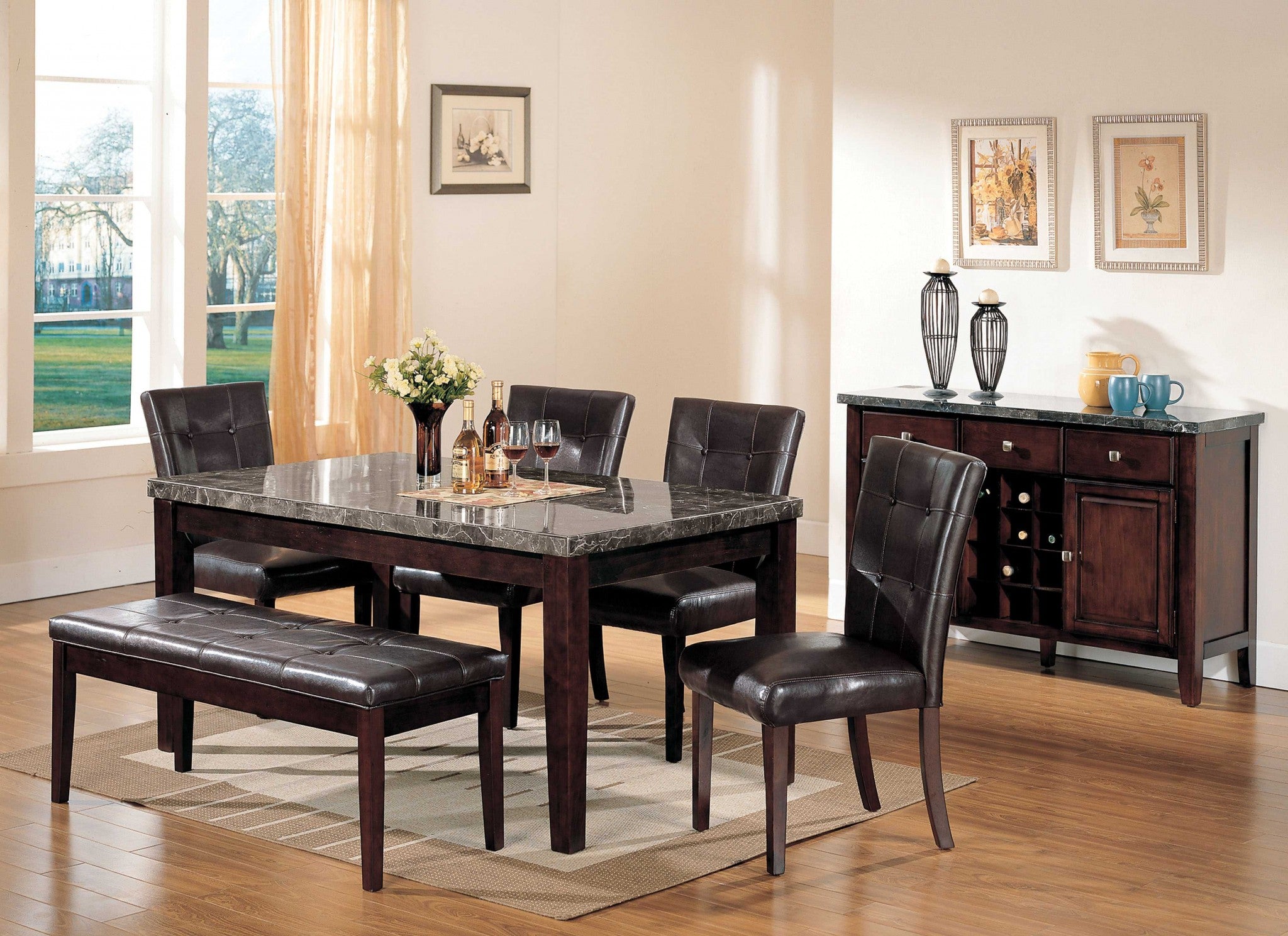 38" X 64" X 31" Black Marble Walnut Wood Dining Table