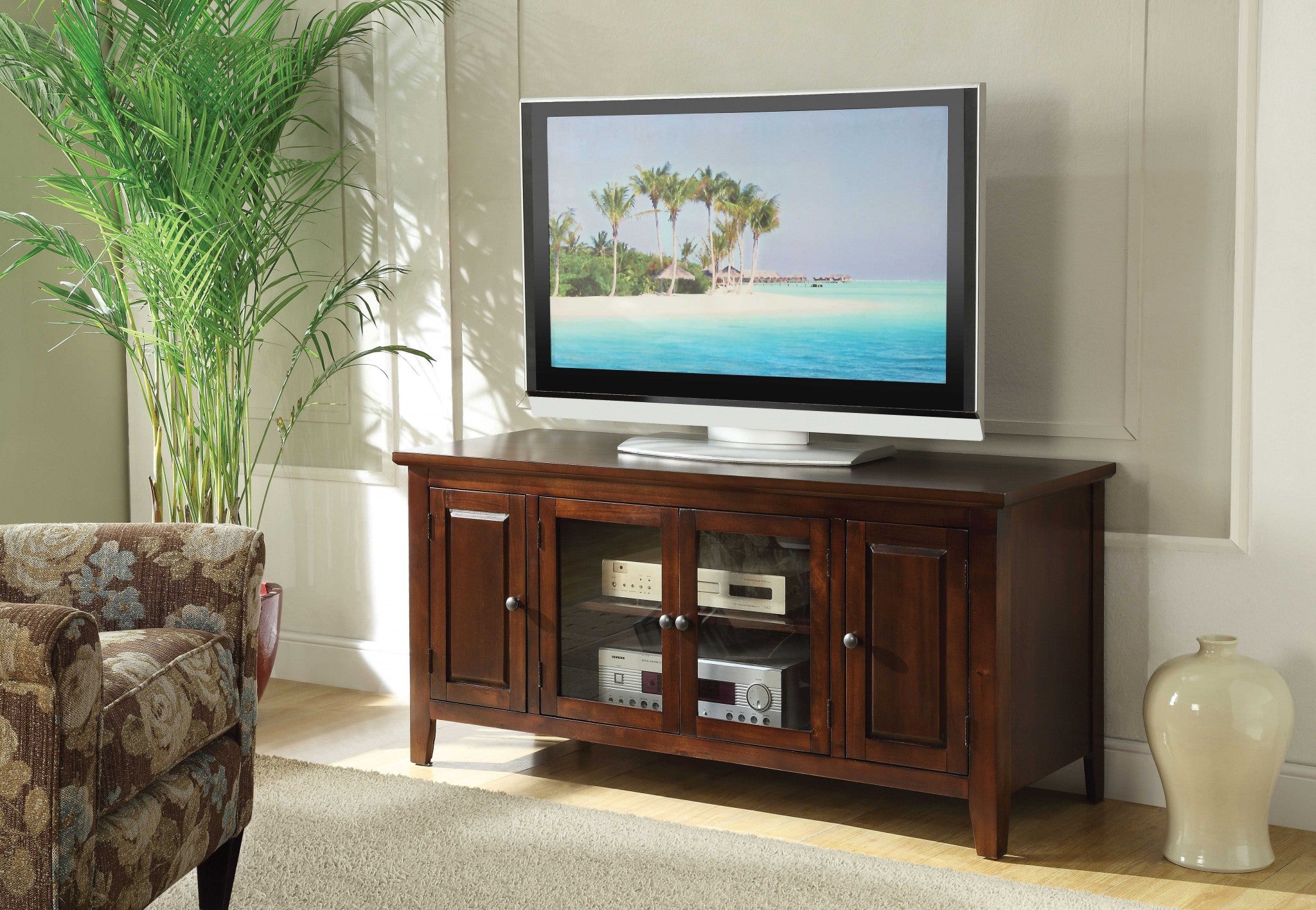 20" X 55" X 26" Chocolate Wood Glass TV Stand for Flat Screen TVs up to 60"