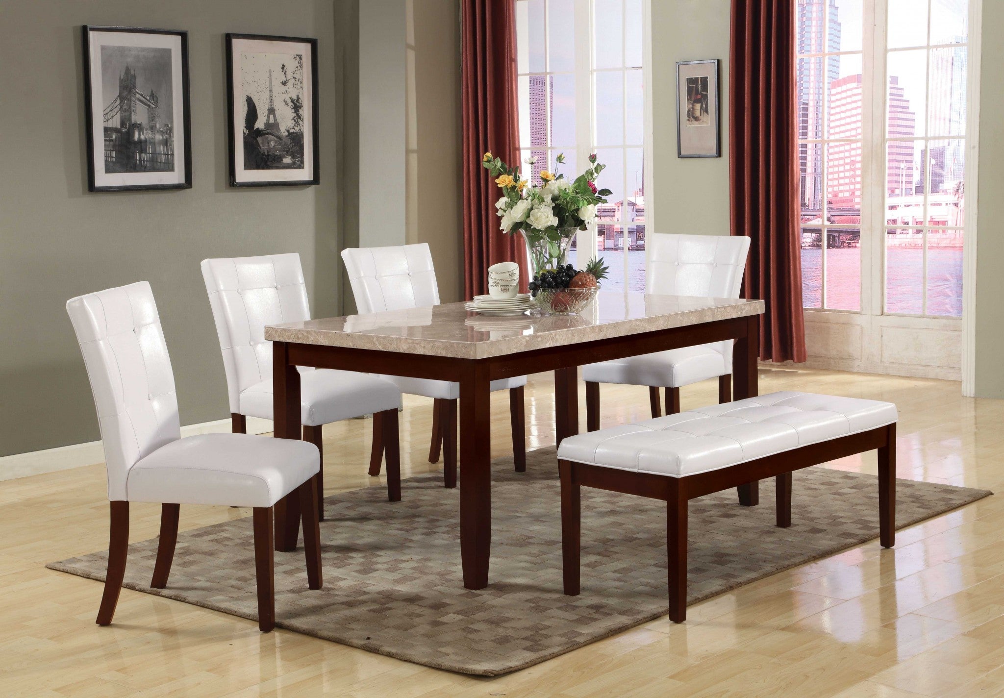 38" X 64" X 31" White Marble Walnut Wood Dining Table