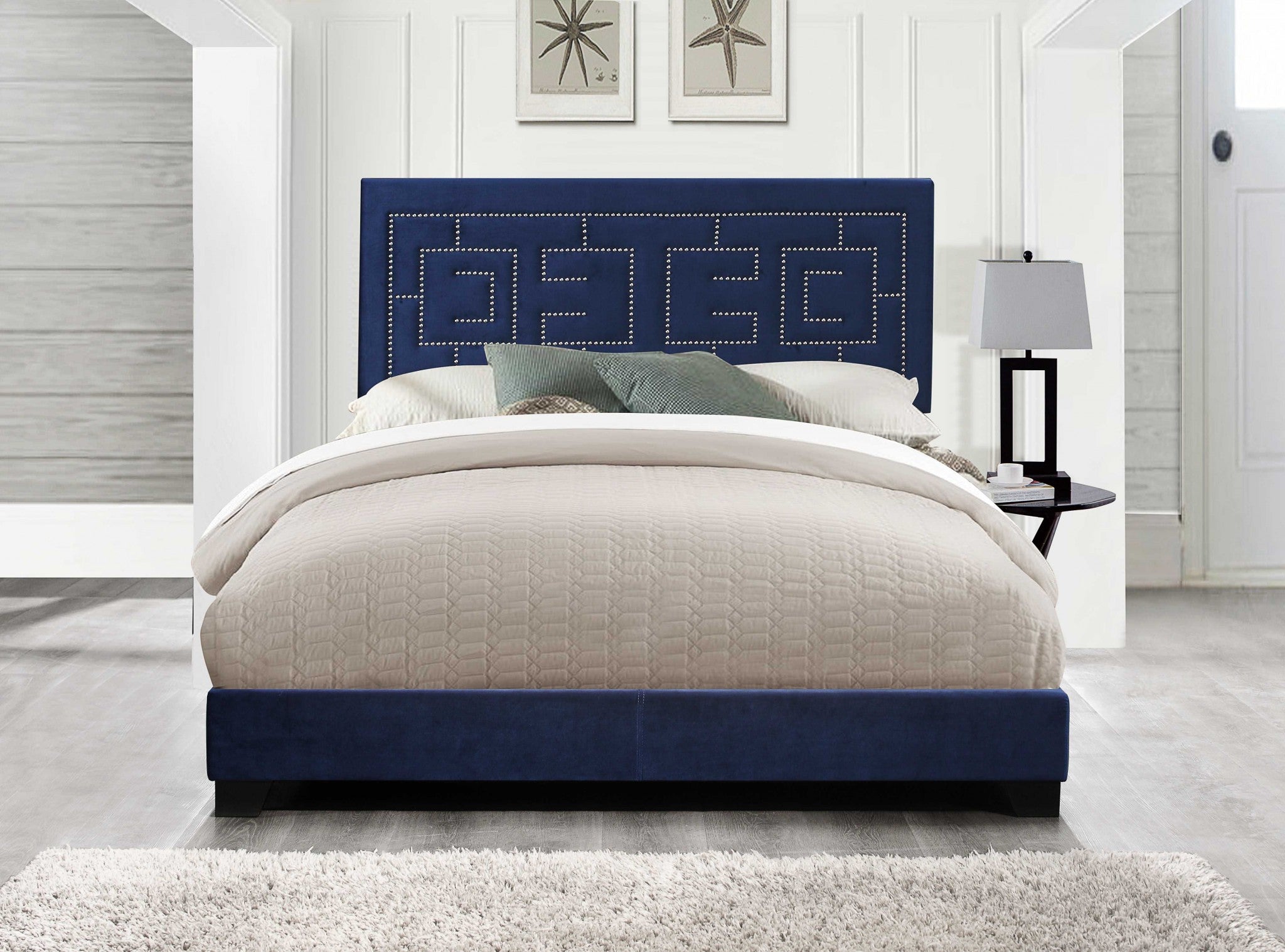 80" X 86" X 50" Dark Blue Velvet Upholstered Bed Wood Leg Eastern King Bed