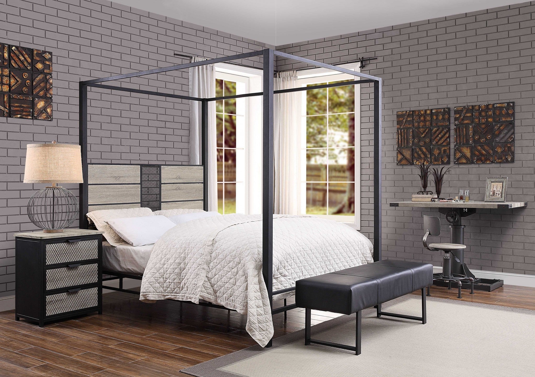 62" X 83" X 78" Natural Sandy Gray Metal Wood Veneer (Paper) Queen Bed