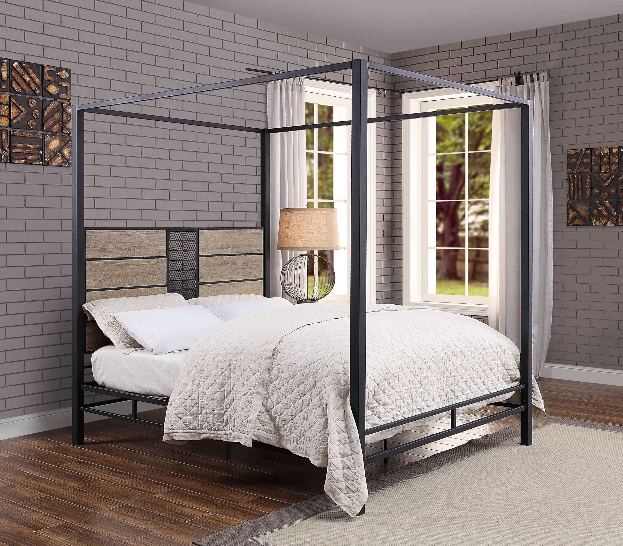62" X 83" X 78" Natural Sandy Gray Metal Wood Veneer (Paper) Queen Bed