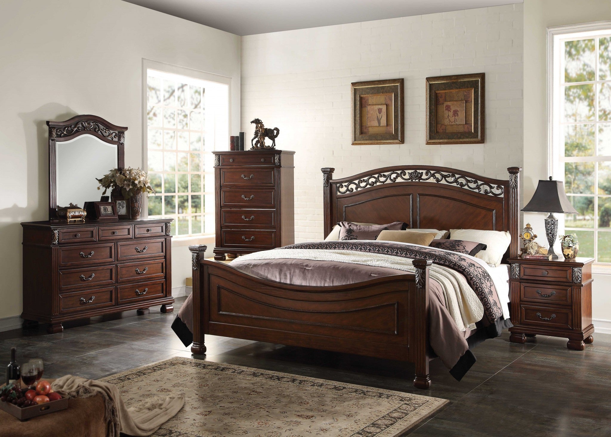 65" X 90" X 59" Dark Walnut Wood Queen Bed