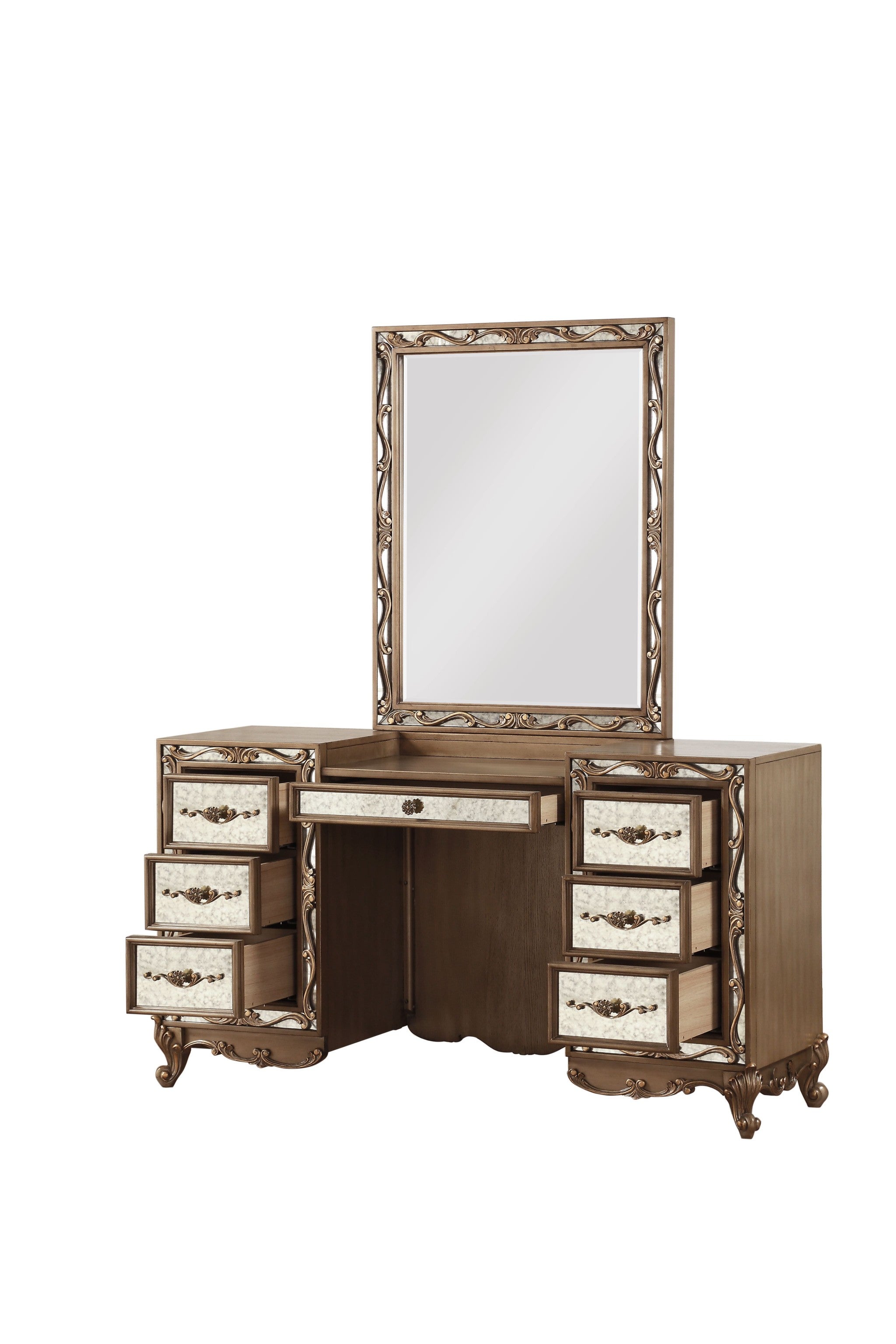 18" X 58" X 32" Antique Gold Wood Mirror Vanity Desk