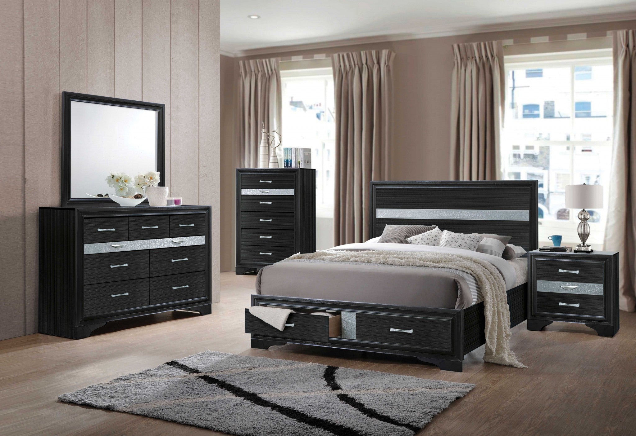63" X 84" X 50" Black Wood Queen Bed w/Storage