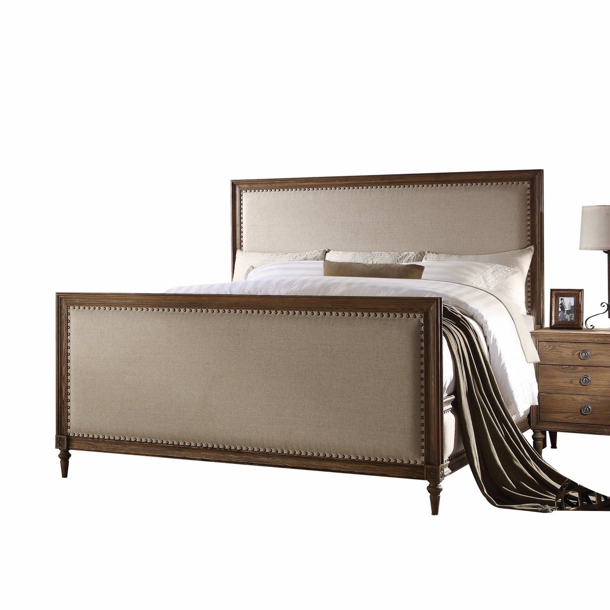 80" X 88" X 65" Beige Linen Reclaimed Oak Wood Upholstery King Bed