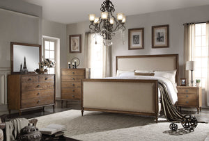 64" X 88" X 65" Beige Linen Reclaimed Oak Wood Upholstery Queen Bed
