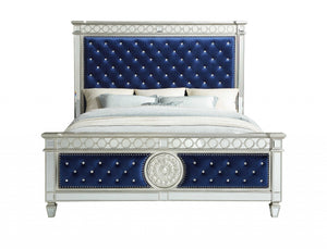84" X 90" X 72" Blue Velvet Wood Mirror Upholstered (HB/FB) King Bed
