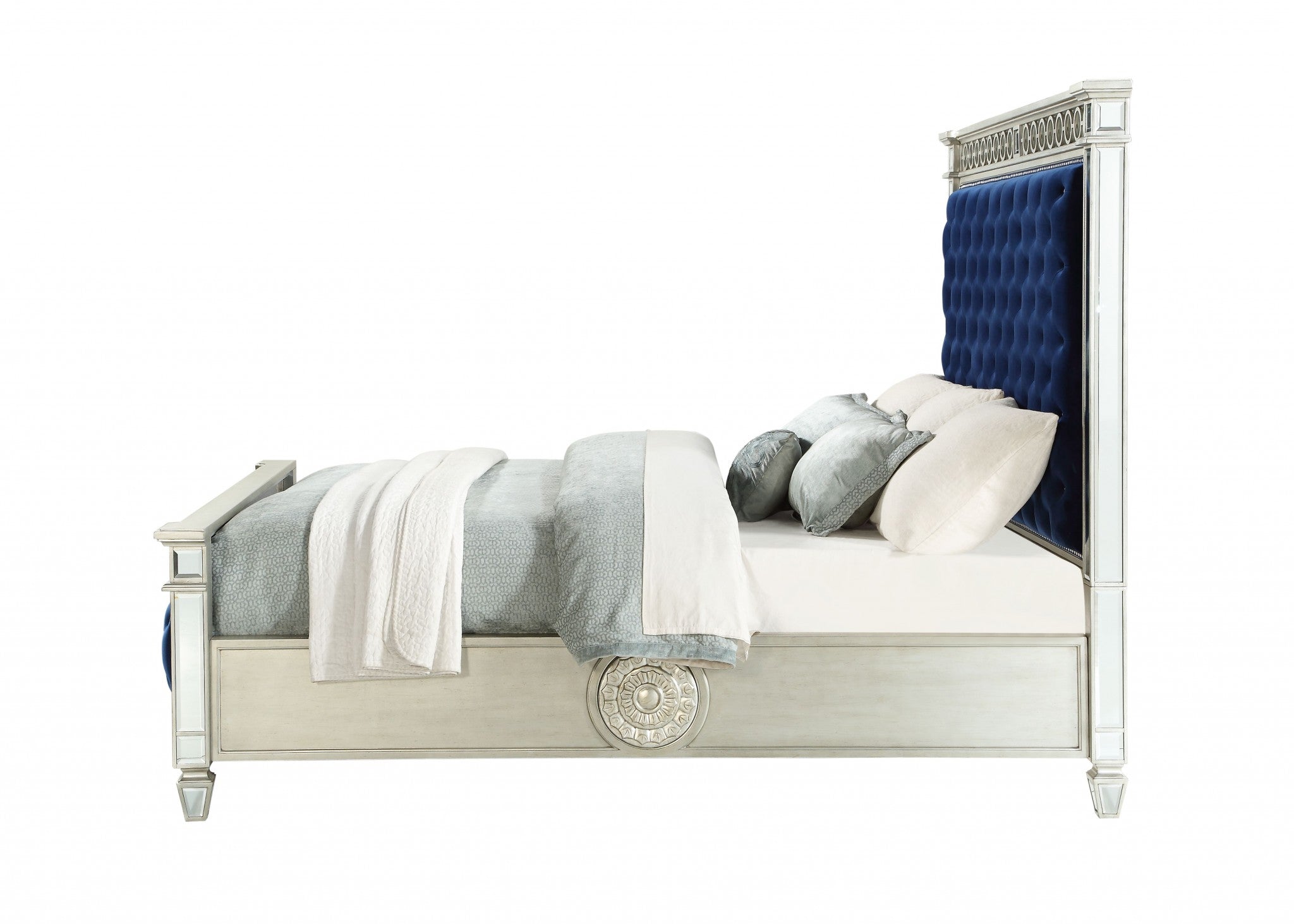 84" X 90" X 72" Blue Velvet Wood Mirror Upholstered (HB/FB) King Bed
