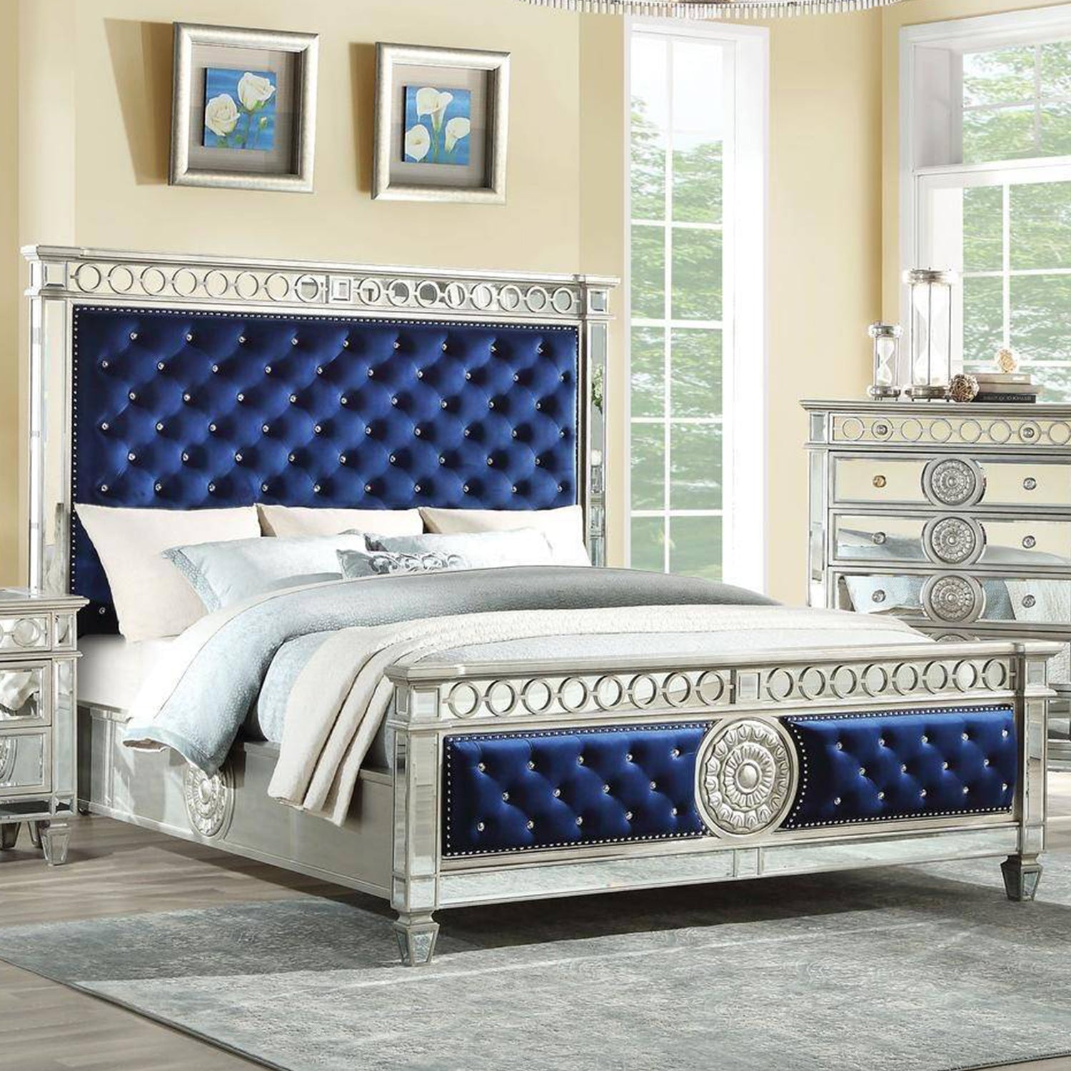 84" X 90" X 72" Blue Velvet Wood Mirror Upholstered (HB/FB) King Bed