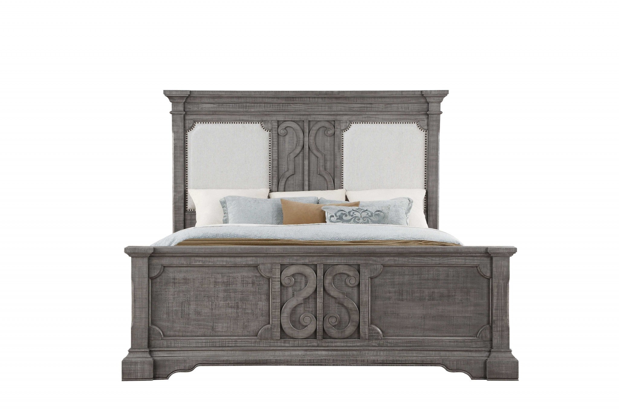 67" X 91" X 68" Tan Fabric Salvaged Natural Wood Upholstered (HB) Queen Bed