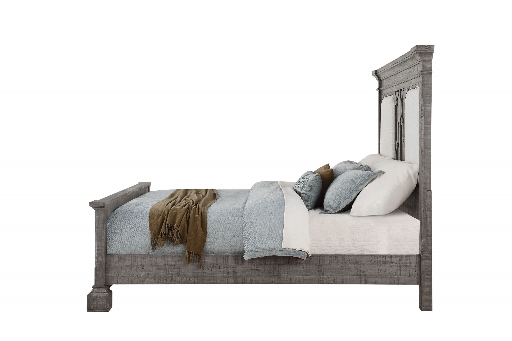 67" X 91" X 68" Tan Fabric Salvaged Natural Wood Upholstered (HB) Queen Bed