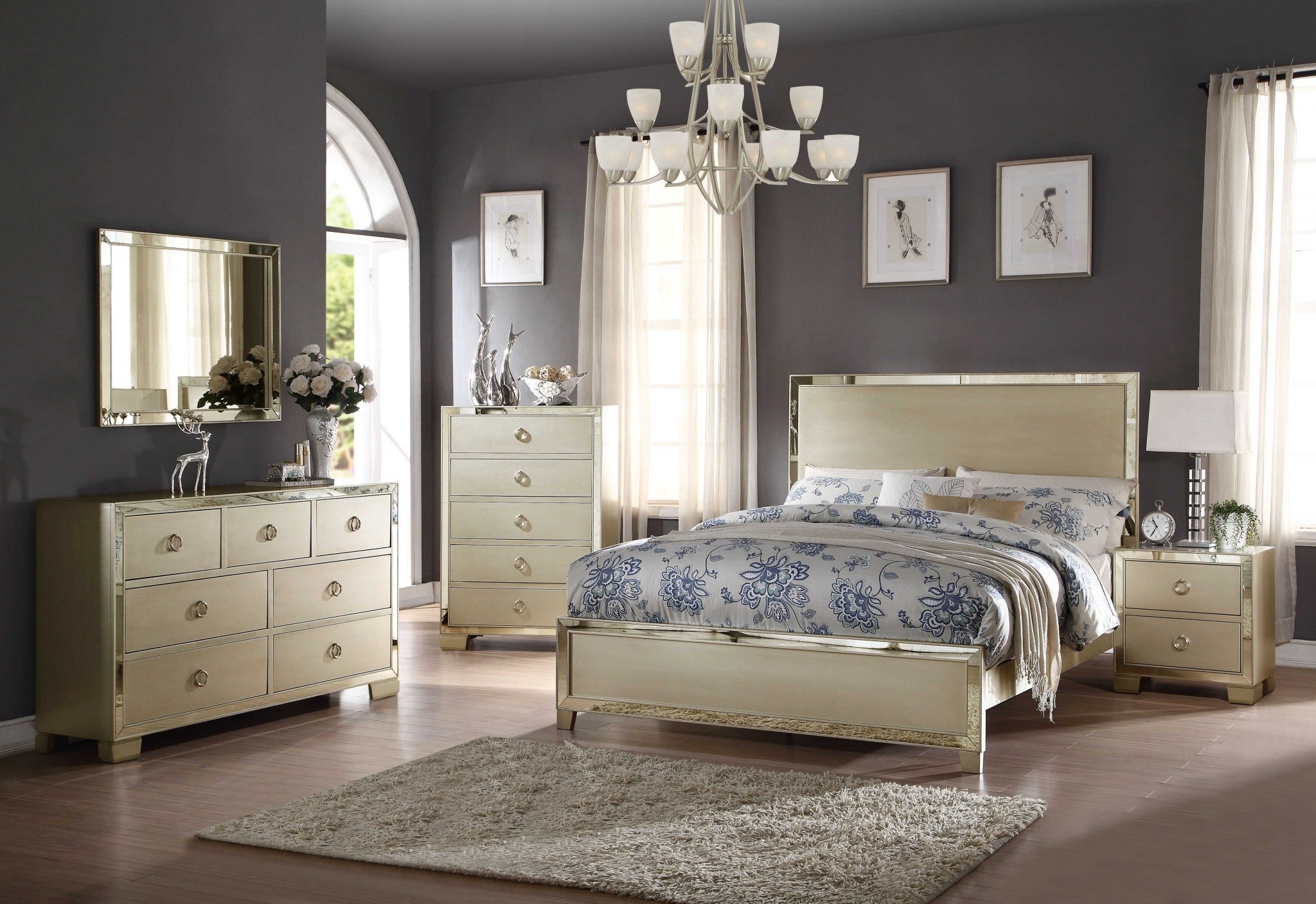 63" X 86" X 51" Champagne Wood Mirror Veneer Queen Bed