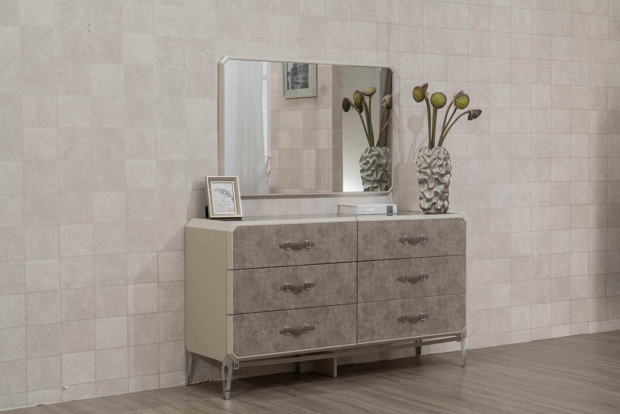 18" X 63" X 35" Vintage Beige PU Wood Upholstered (Front) Metal Leg Veneer (Melamine) Dresser