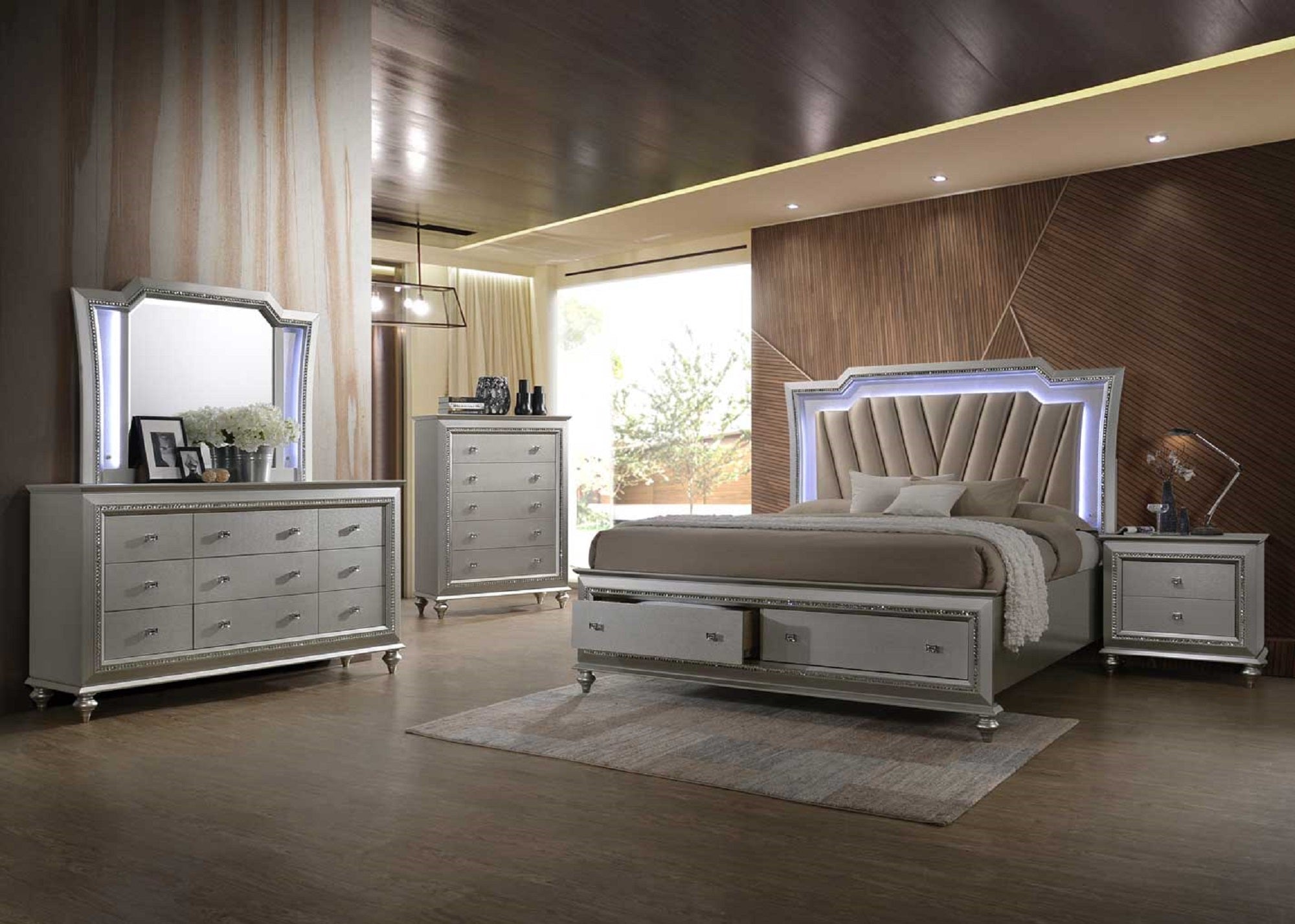 67" X 91" X 69" PU Champagne Wood Upholstered (HB) LED Queen Bed