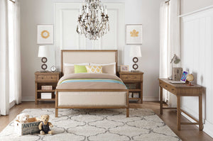 57" X 80" X 53" Beige Linen Reclaimed Oak Wood Upholstery Full Bed