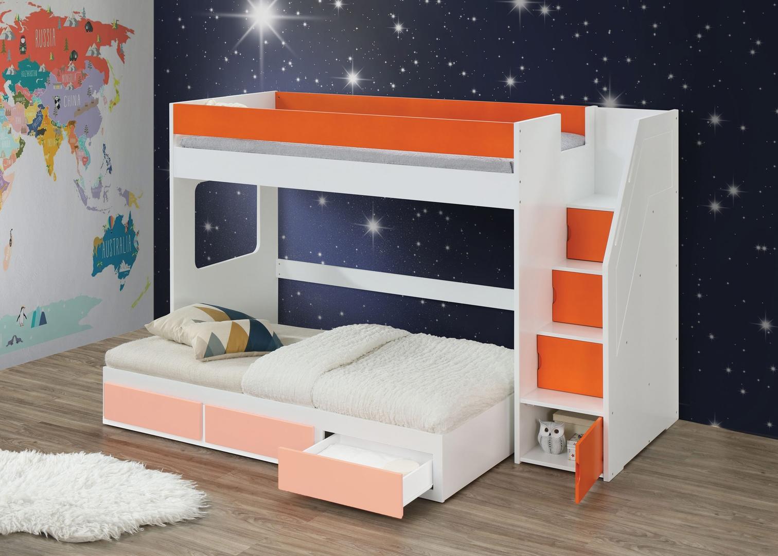 41" X 97" X 64" White Orange Wood Veneer LVL Loft Bed wStorage Ladder