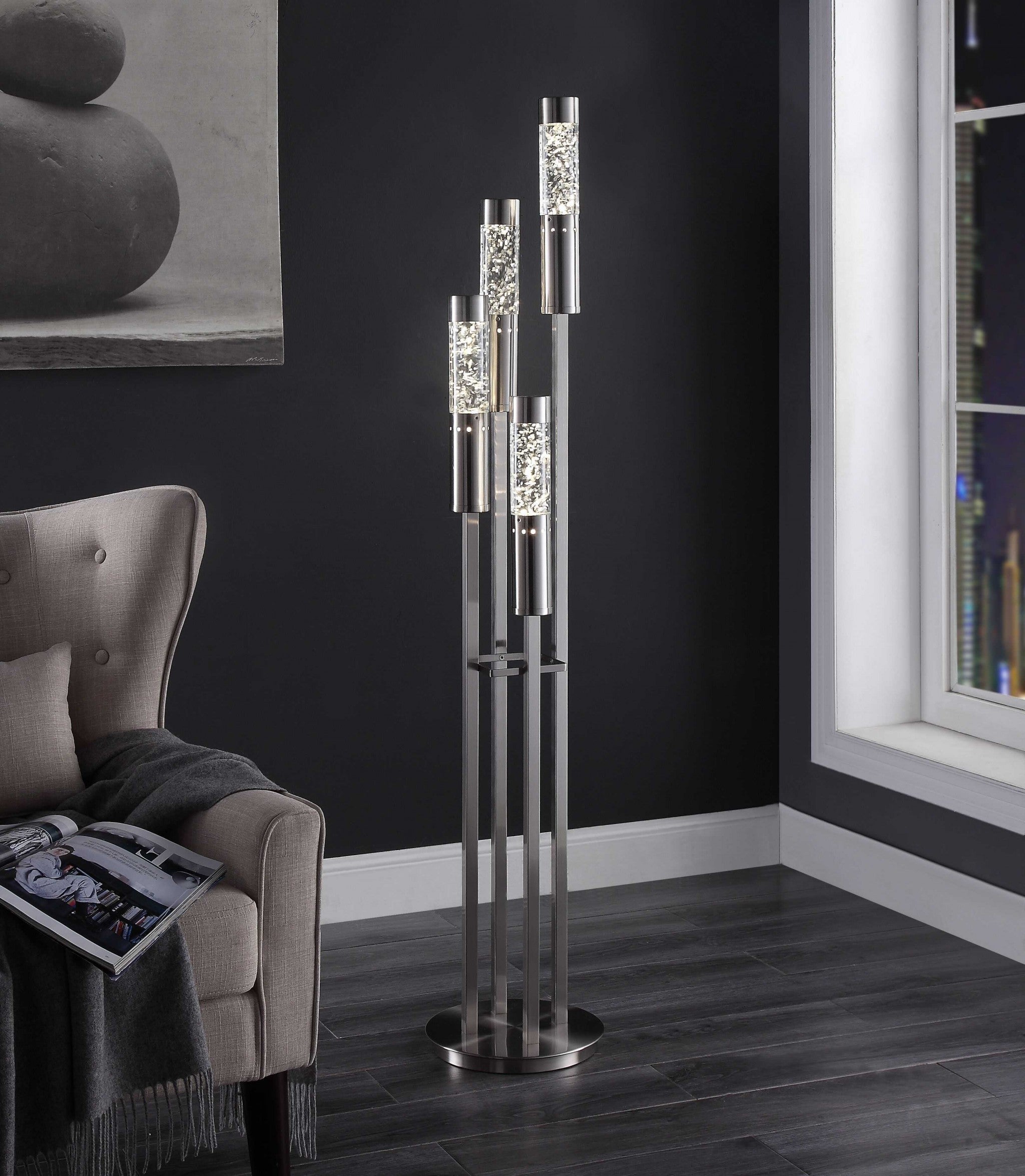 11" X 11" X 58" Brushed Nickel Metal Glass LED Floor Lamp