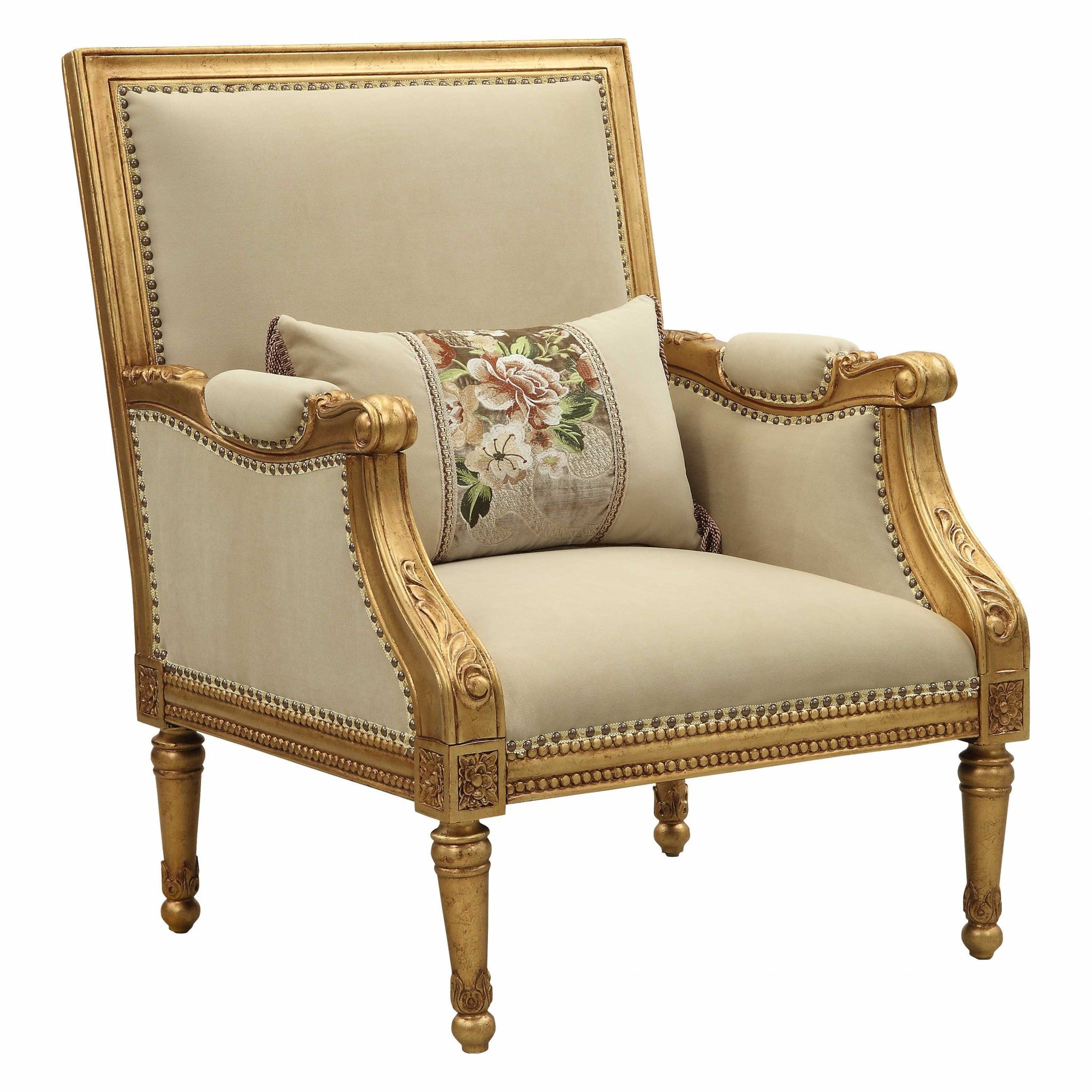 33" X 32" X 41" Fabric Antique Gold Upholstery Wood Leg/Trim Accent Chair & Pillow