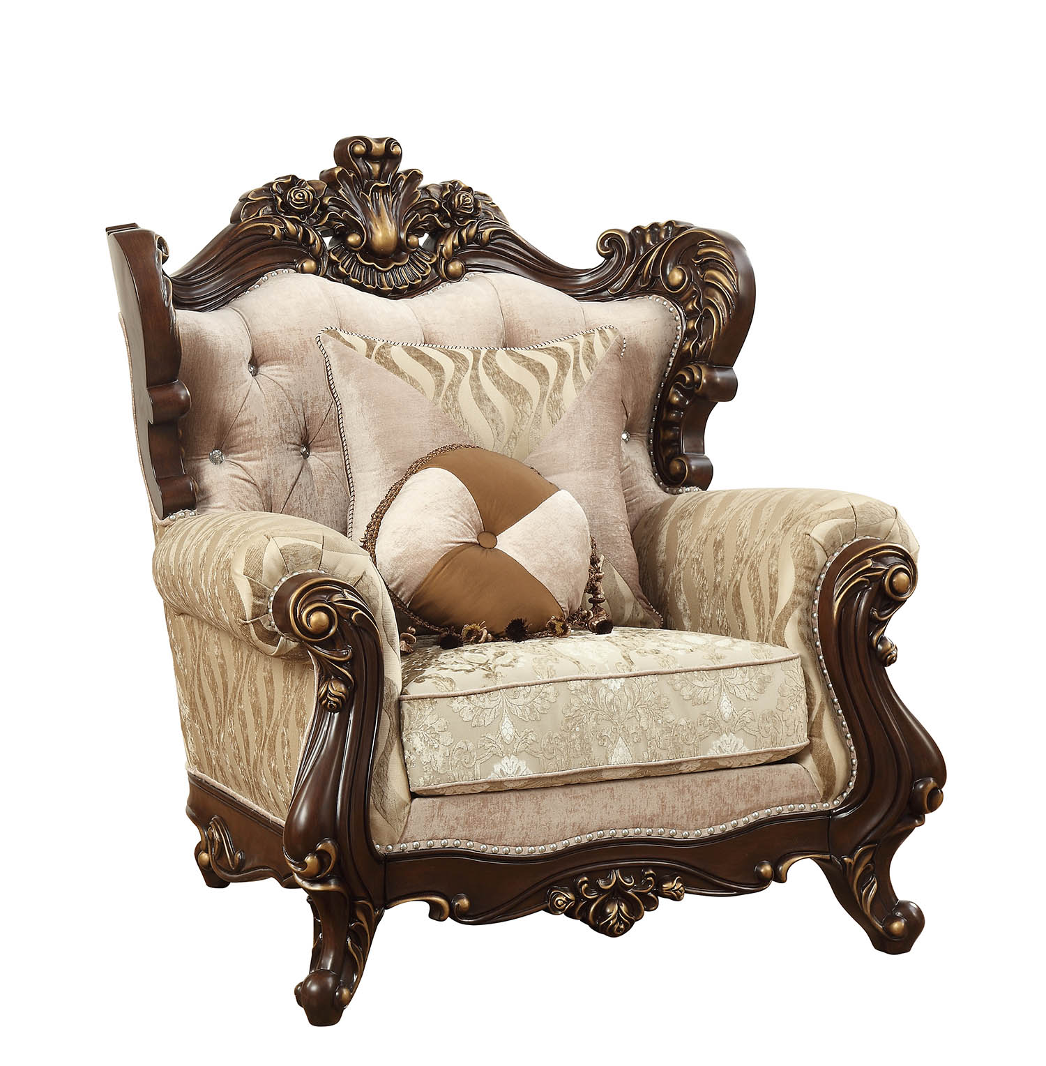 36" X 45" X 51" Fabric Walnut Upholstery Wood Leg/Trim Chair w/2 Pillows