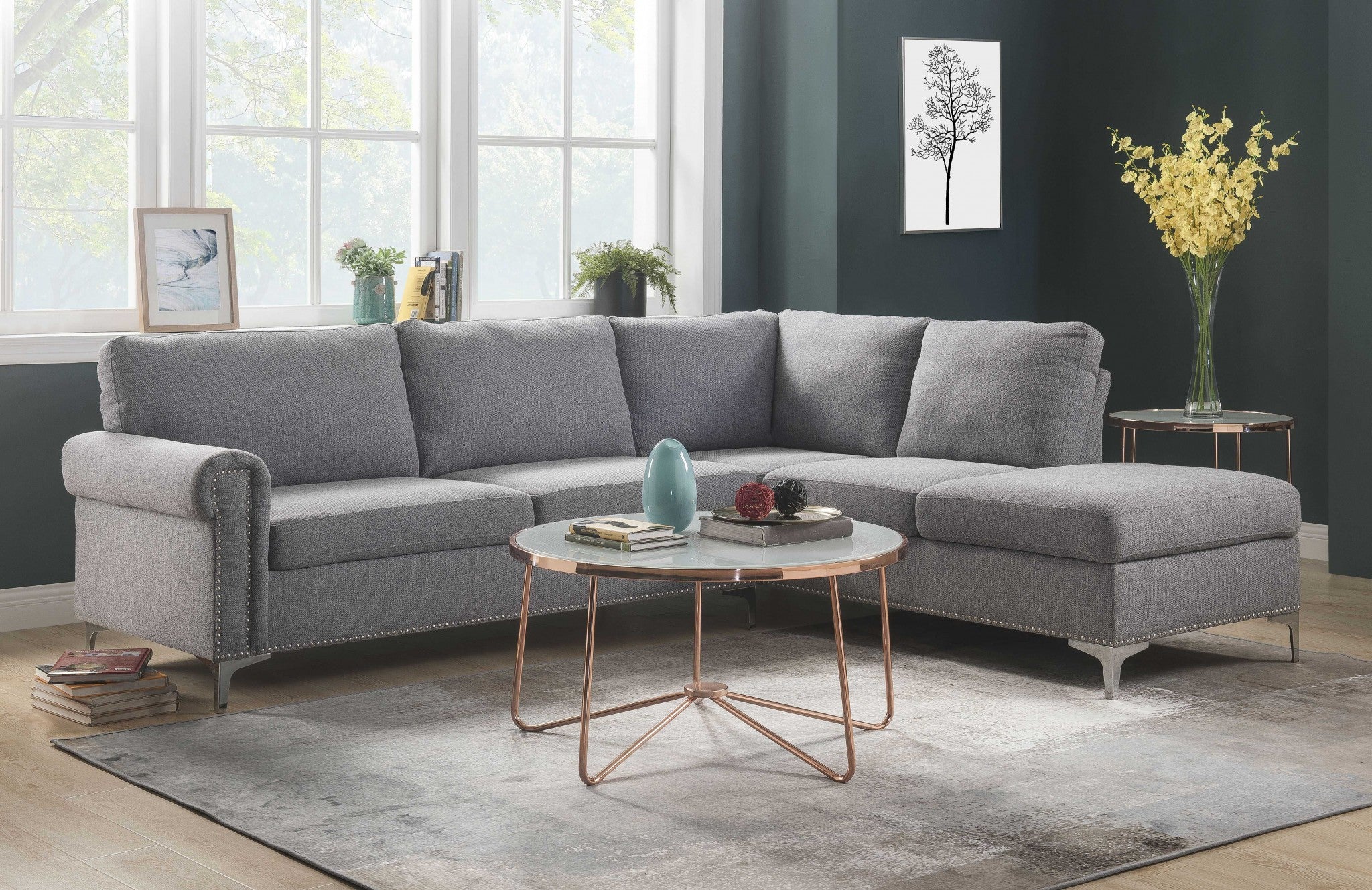 78" X 100" X 35" Gray Fabric Upholstery Metal Leg Sectional Sofa