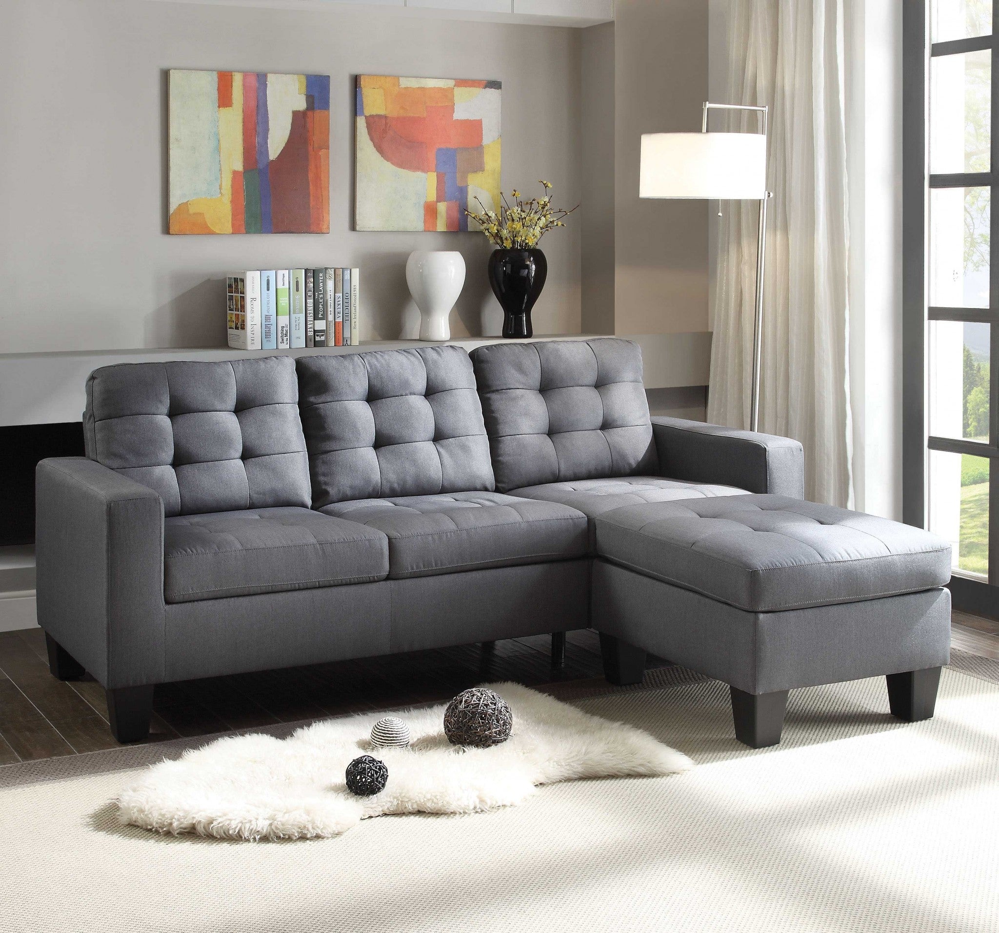 32" X 81" X 35" Gray Linen Upholstery Sectional Sofa
