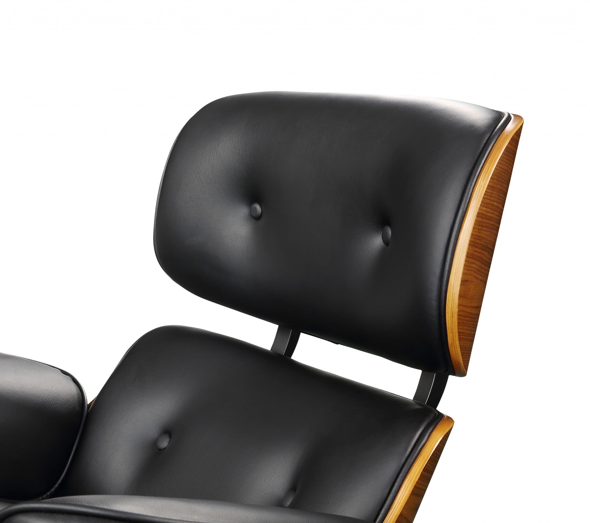 34" X 34" X 33" Black Bonded Leather Walnut Wood Upholstered (Seat) Aluminum Base Chair & Ottoman