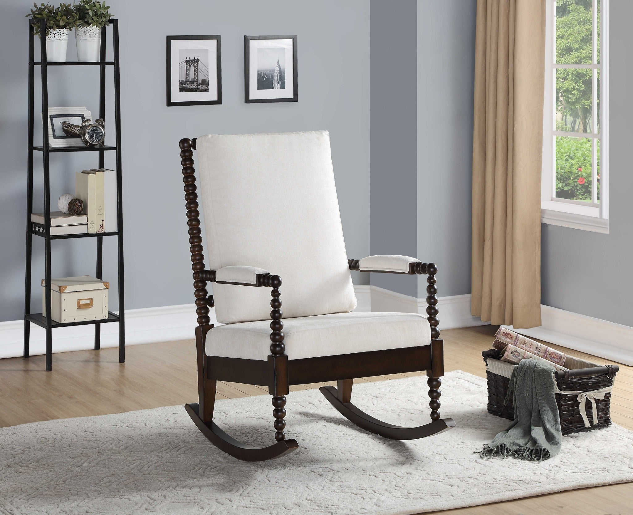 25" X 33" X 41" Cream Fabric Walnut Wood Upholstered (Seat) Rocking Chair