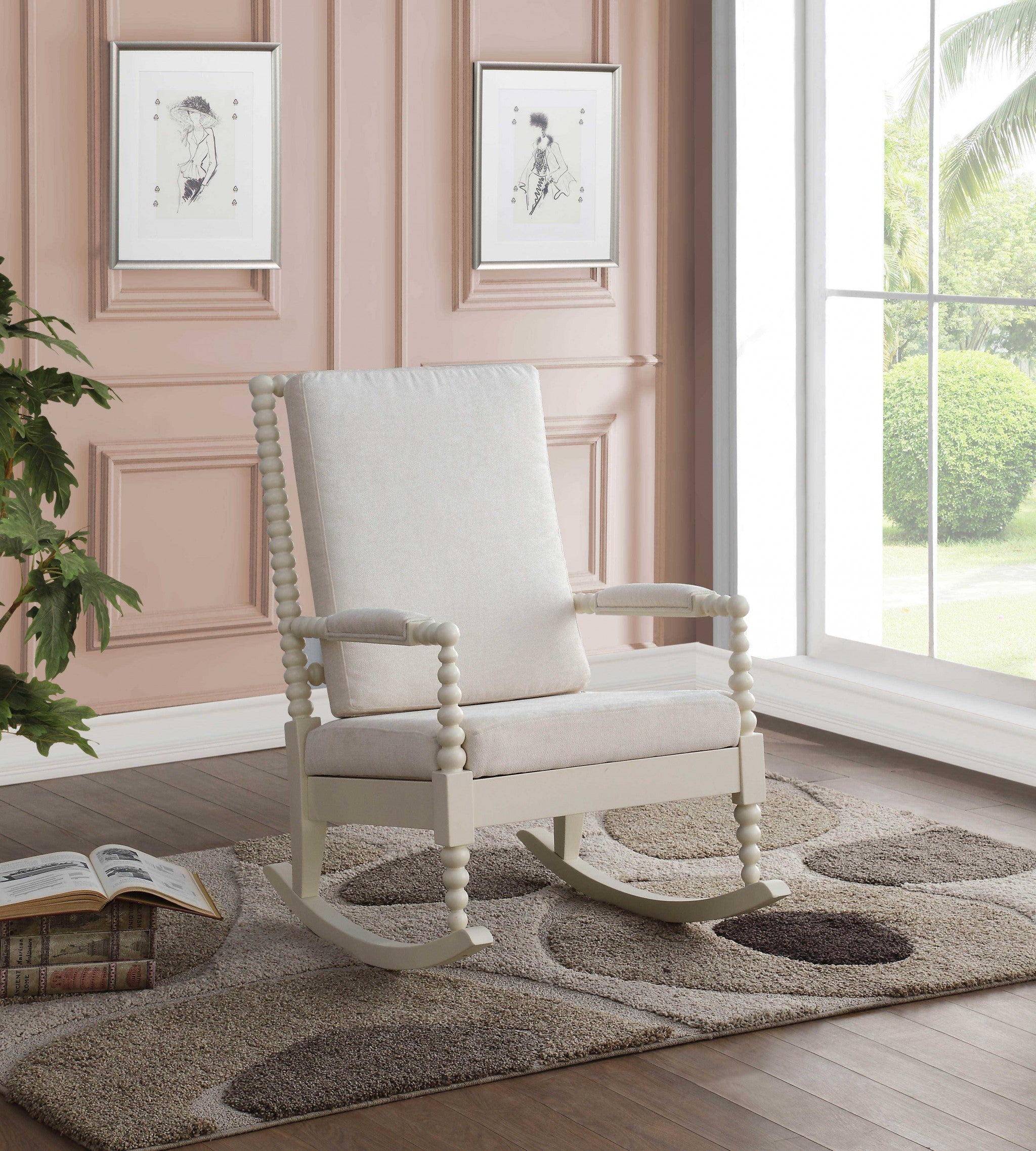25" X 33" X 41" Cream Fabric White Wood Upholstered (Seat) Rocking Chair