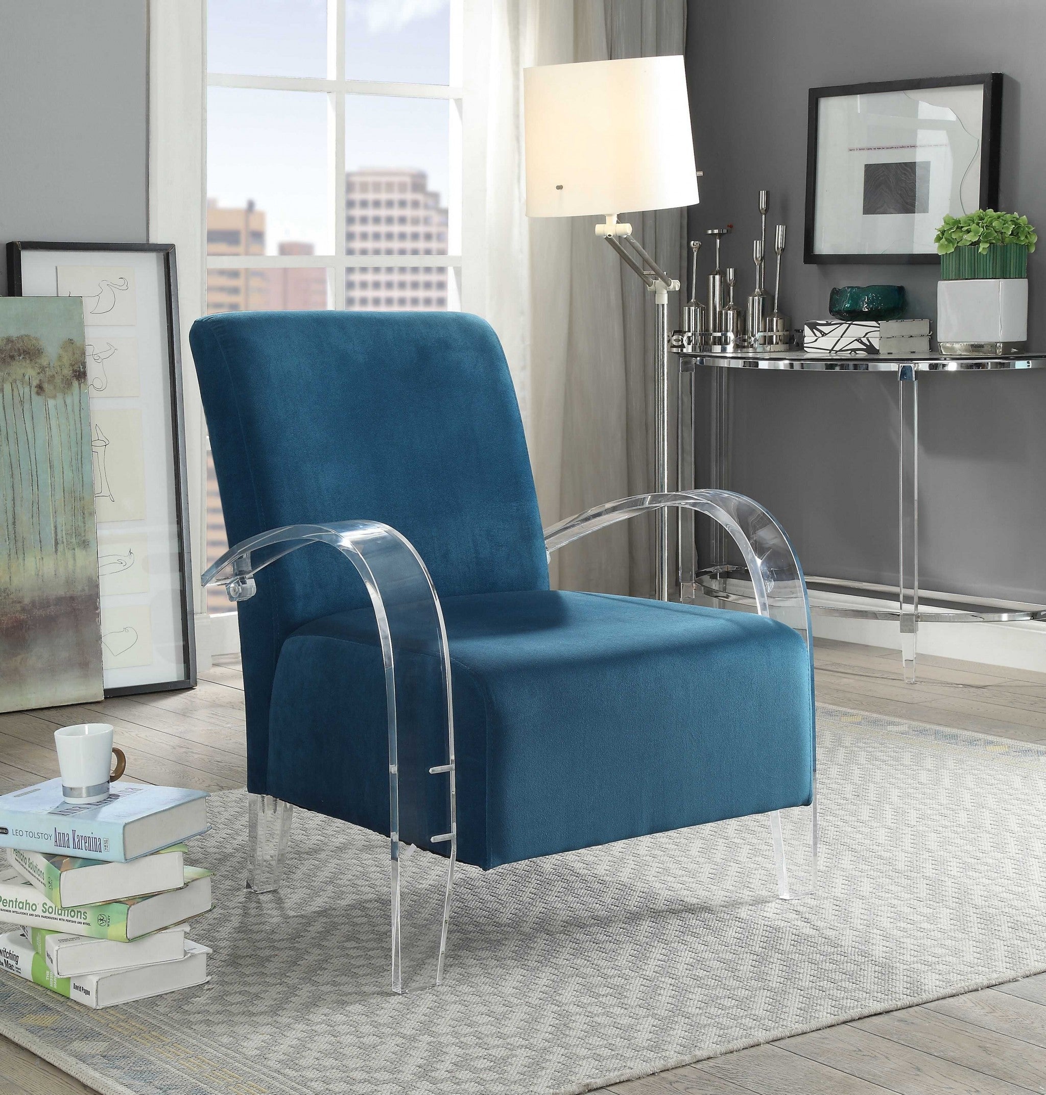 Teal Upholstery and Clear Acrylic Armed  Accent Chair