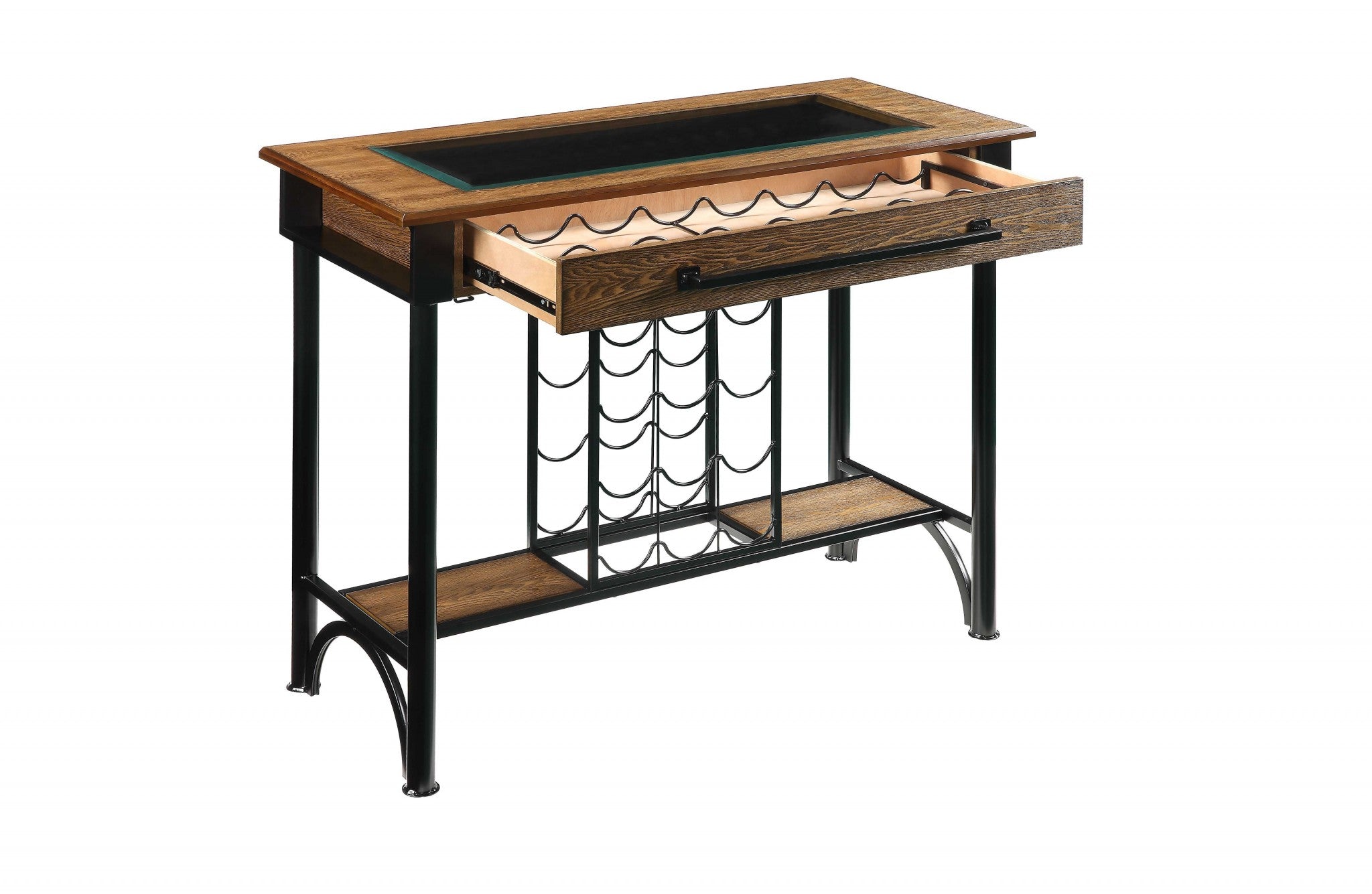 19" X 53" X 41" Walnut Black Metal Wood Glass Bar Table