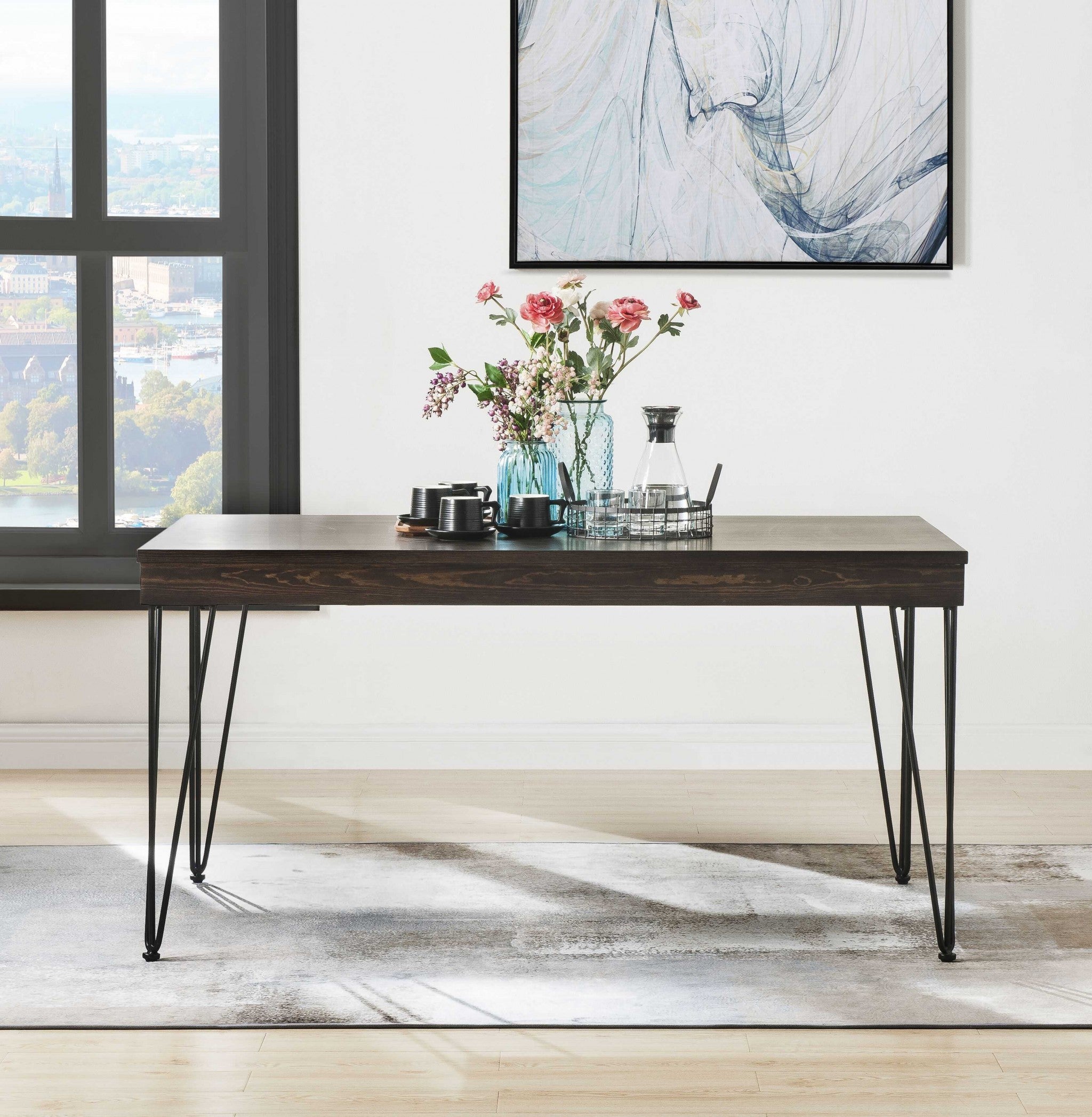36" X 60" X 30" Walnut Black Metal Wood Dining Table