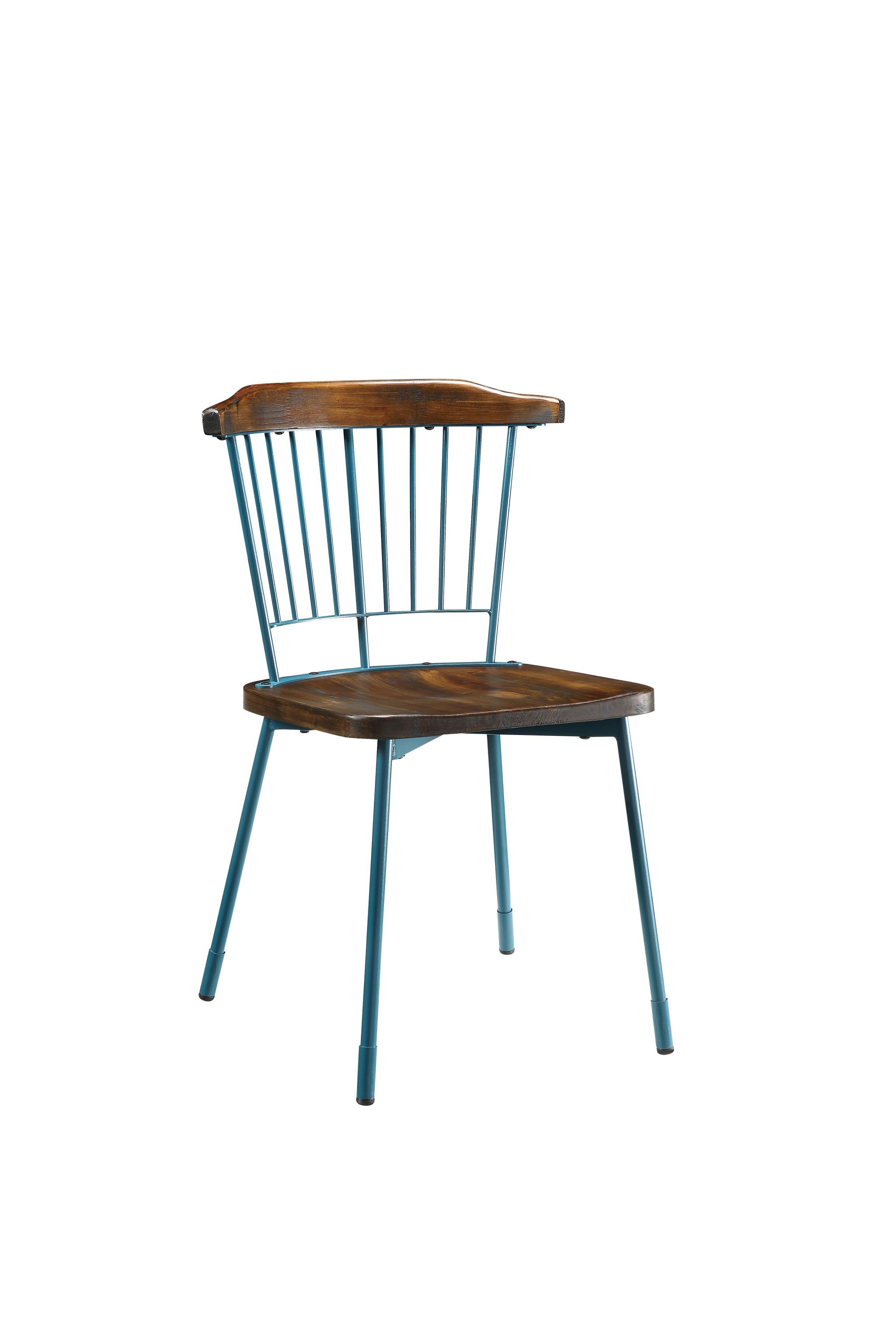 21" X 19" X 32" Brown Oak Wood and Teal Metal Side Chair  Set of 2